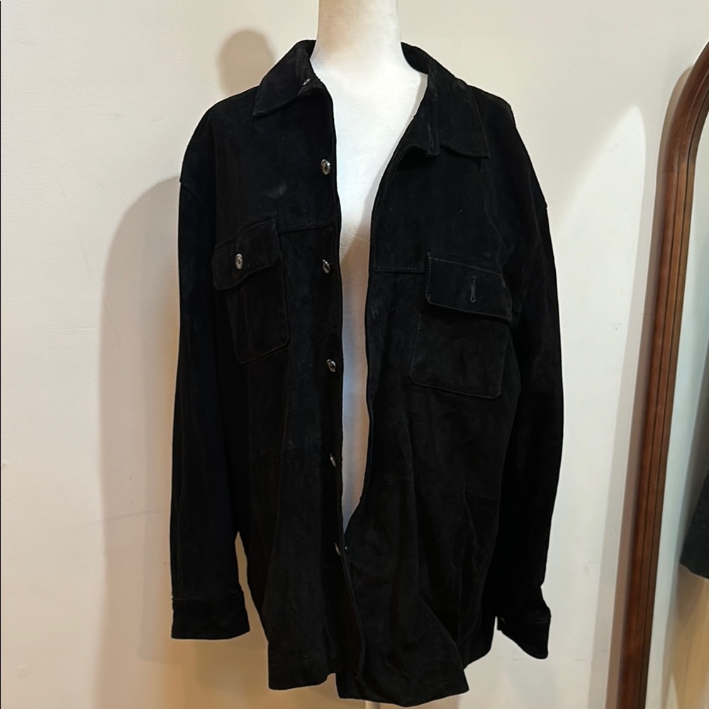Bachrach Black Suede Collared Button Down Jacket size Large